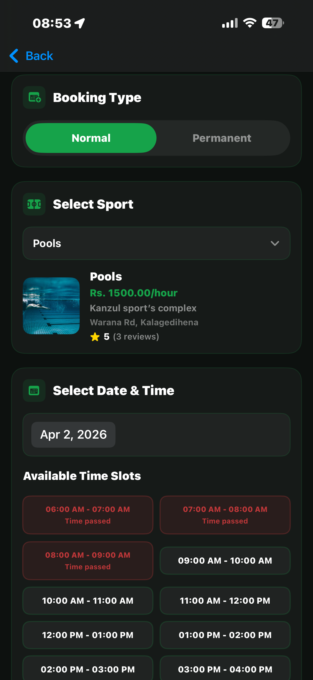 Sportynix BookingSlot screen