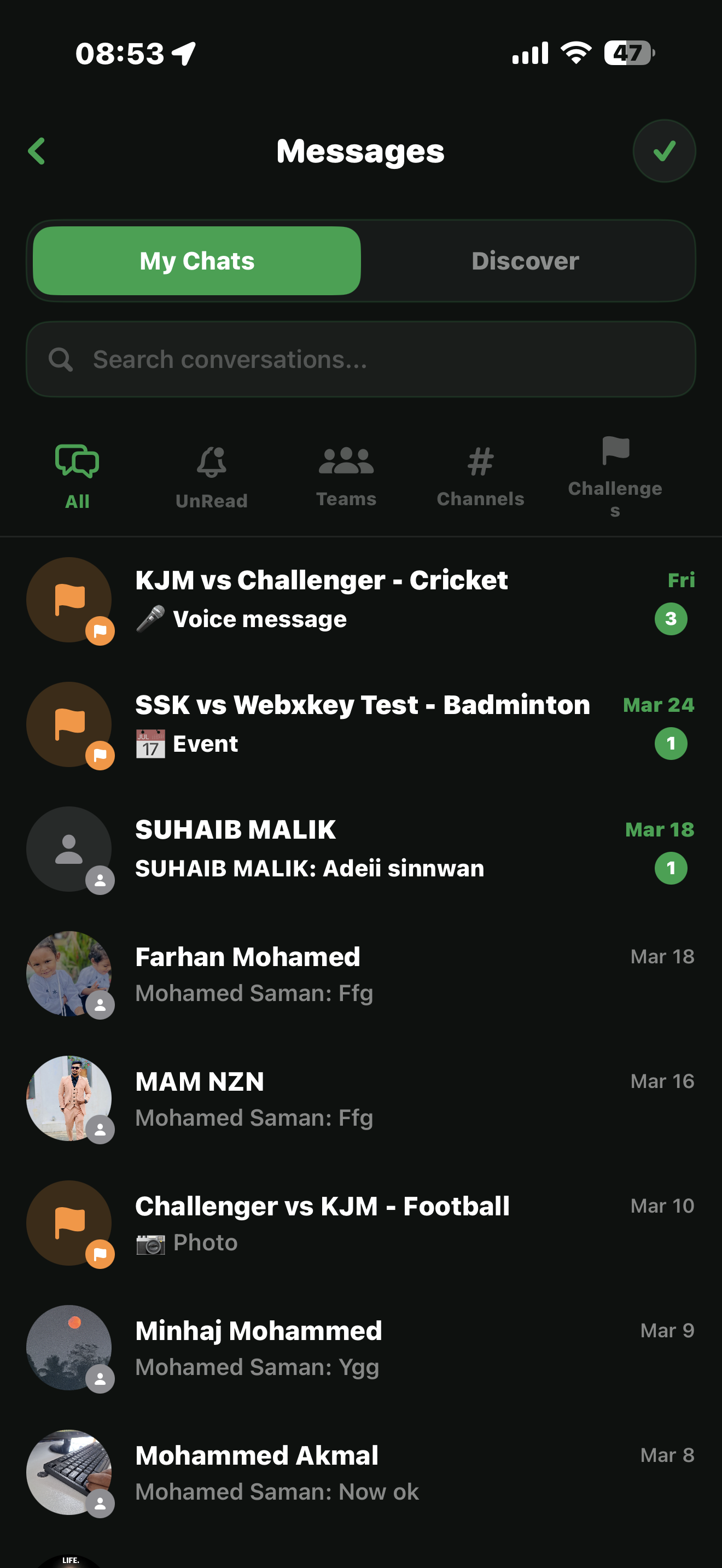 Sportynix Chat screen