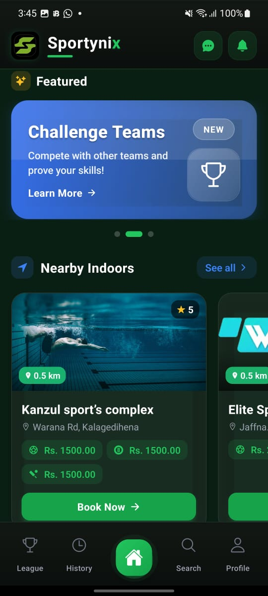 Sportynix Dashboard screen